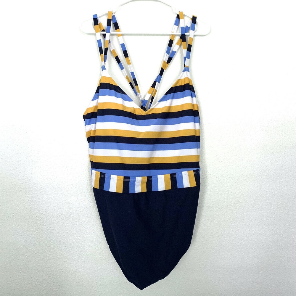 Kona Sol Blue Striped Strappy One Piece Swimsuit - Picture 3 of 9